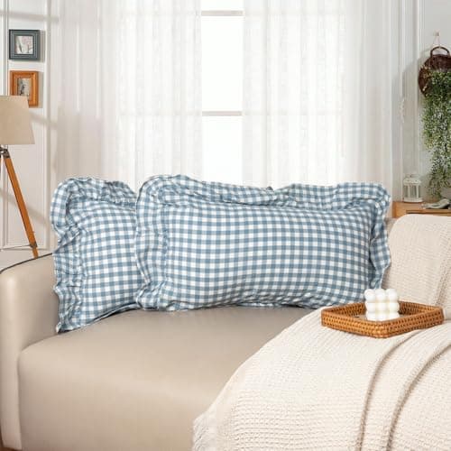 JoraLion 12"x20" Throw Pillow Covers, Smoke Blue Scalloped Cotton Plaid Gingham Ruffle Decor Pillowcase Farmhouse Soft Cushion Case for Couch Sofa Bed Living Room, Set of 2, Covers ONLY