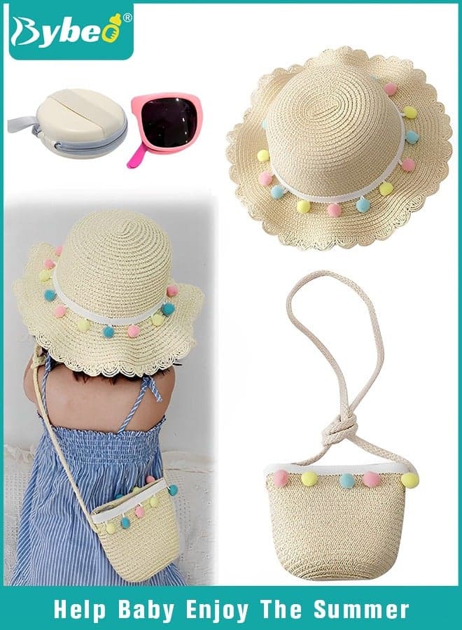 Baby Girl Straw Hat, Baby Sun Hat with Toddler Sunglass And Shoulder Bag, Baby Girl Beach Hat, Outdoor Toddler Summer Sun Cap, Kids Summer Beach Cap, Foldable Sun Protection Hats, Beige