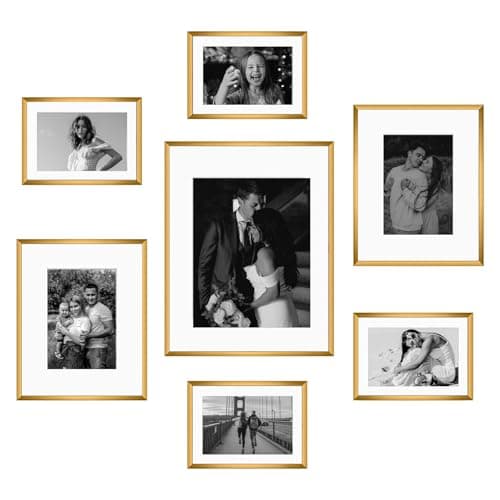 Frametory, Bronze Aluminum Picture Frame with Removable Mat - Set of 7 Includes Four 5x7, Two 8x10, One 11x14 - Real Glass Front - Simple Gallery Wall Frames for Art Prints and Posters
