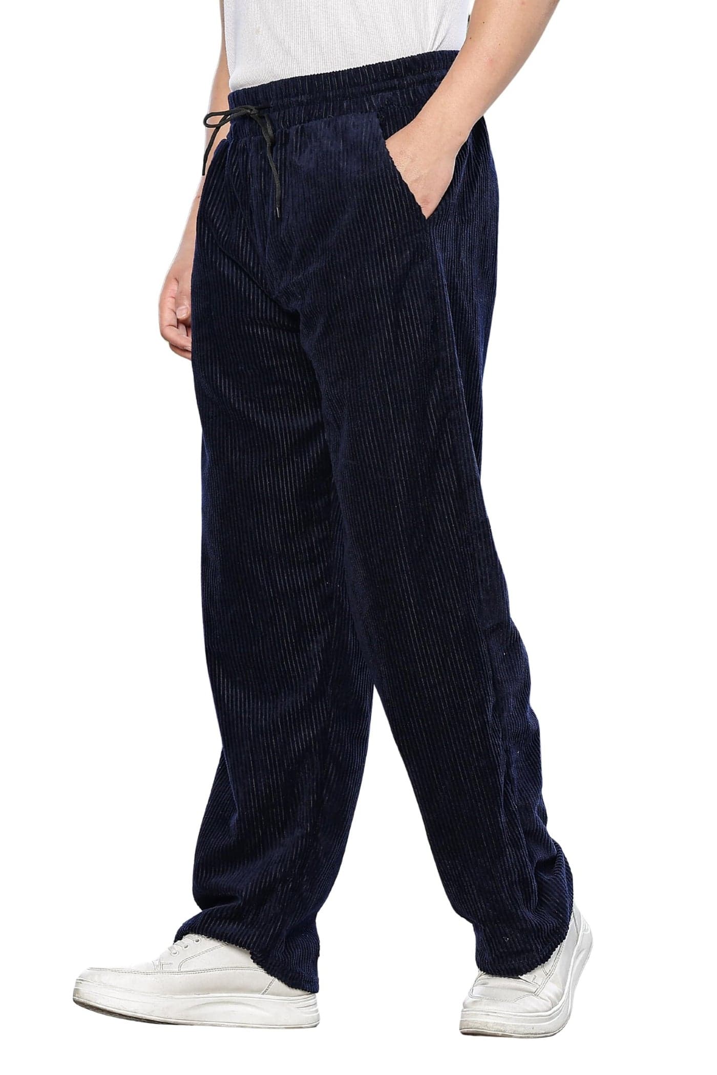 SWADESI STUFF Men’s Corduroy Trousers | Mid-Rise Relaxed Fit | Cotton Blend Joggers with Flexi Waistband (in, Alpha, 2XL, Regular, Blue)