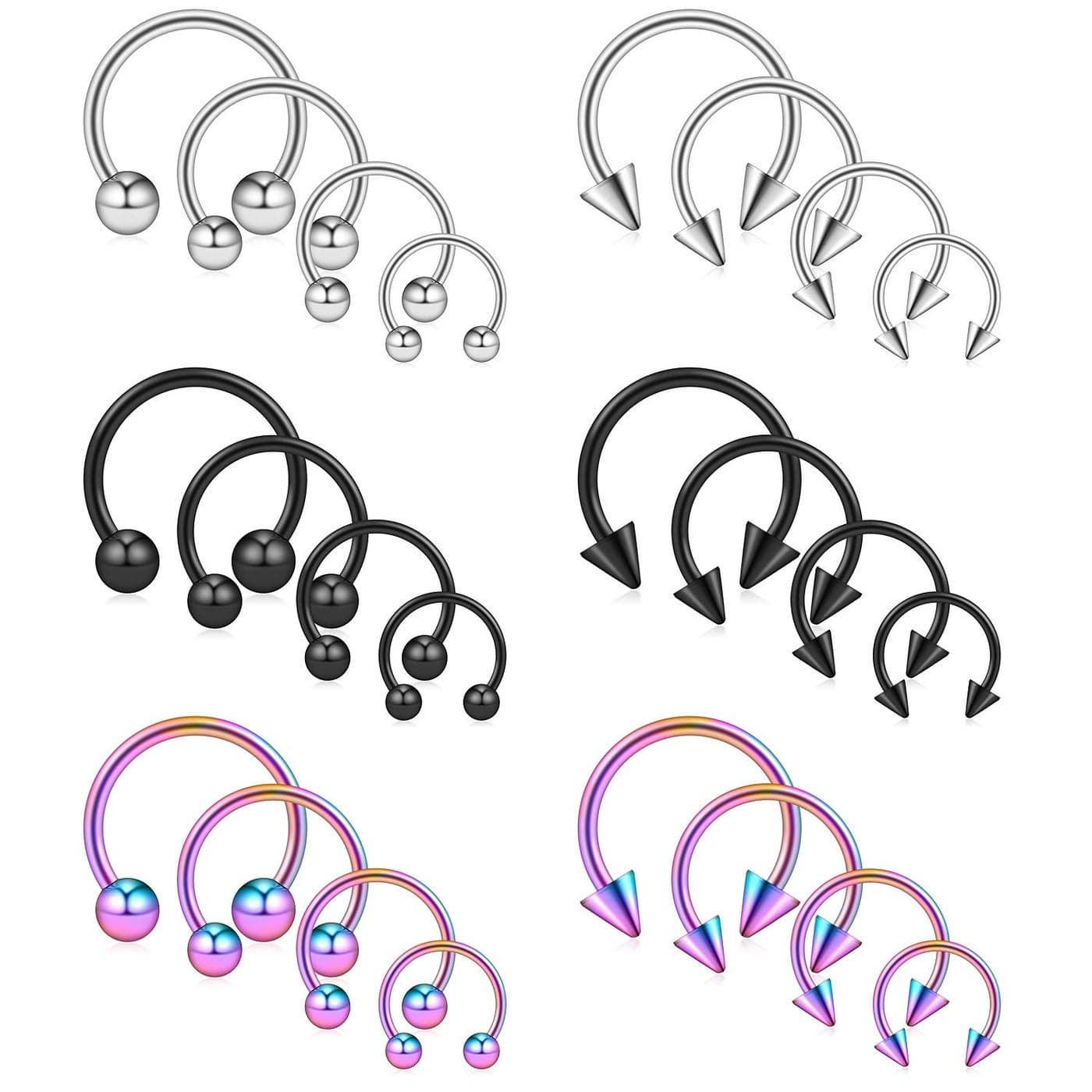Ruifan 24PCS Surgical Steel CBR Nose Septum Horseshoe Earring Eyebrow Tongue Lip Nipple Piercing Ring with Balls & Spikes 14G 8-14mm Mix Color 2#