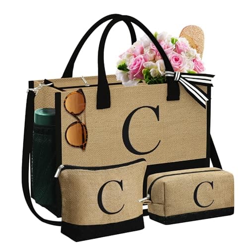 YOOLIFE Birthday Gifts for Mom, Thank You Gift for Women Monogram Letter Beach Bags for Women Personalized 21st 30th 40th 50th 60th Birthday Gifts for Her Female Mom Gift Basket Letter C