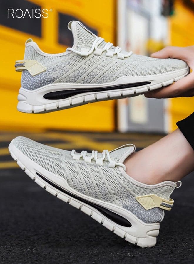 Men's Lace-Up Casual Shoes Round Toe Flyknit Mesh Shoes Lightweight Non-slip Running Shoes Shock-Absorbing and Comfortable Sports Shoeslow-Top Sports Shoes Beige