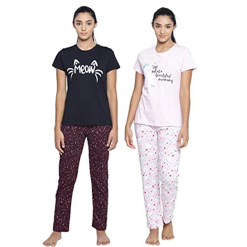 Real Basics Women's Cotton Animal Print Pajama Set Pack of 2(RB-W-PS-XL-P2-(red+Pink)_Multi-Coloured_X-Large)