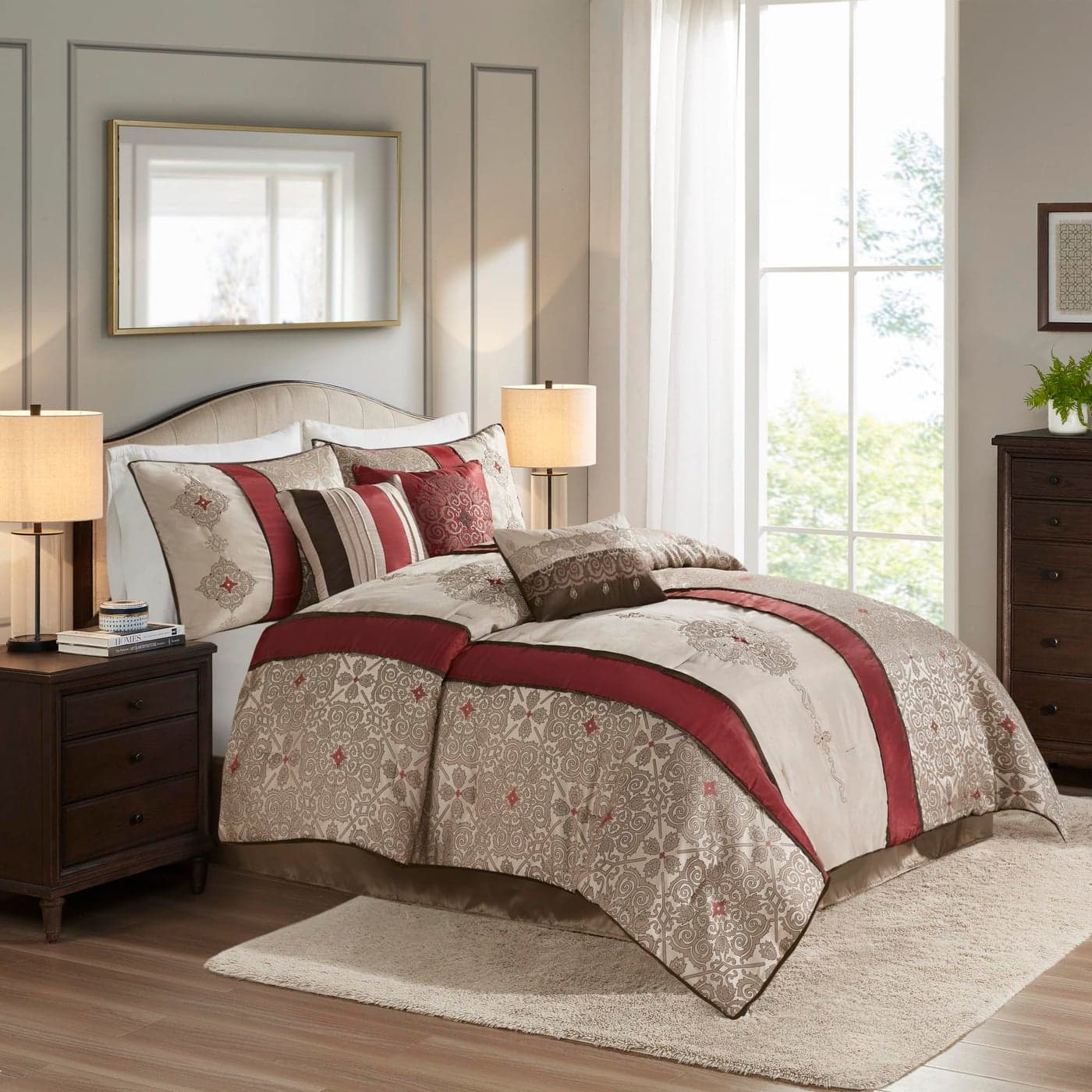 Madison Park Comforter Faux SilkTraditional Luxurious Jacquard Design All Season Set Matching Bed Skirt Decorative Pillows Cal King104x92 Red 7 Piece