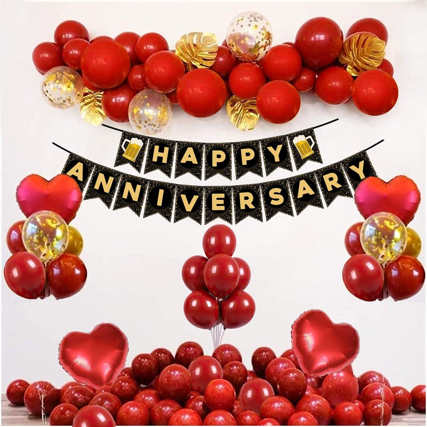 Party Propz Happy Anniversary Decoration Kit For Home 35 Items Red Combo Set Paper Banner cardstock Metallic Balloons Heart Foil Balloons anniversary decoration items For Bedroom