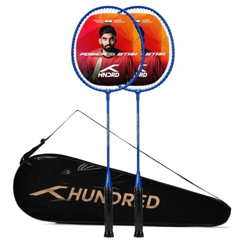 Hundred Carbon Fibre Powertek Star Set of 2 Strung Badminton Racket with Full Cover (Blue)