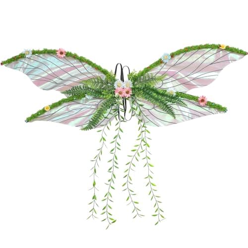 RENEMEGO Green Fairy Wings for Women Mother Nature Costume Woodland Elf Wings with Colorful Flowers Leaves and Vines for Adults Butterfly Wings for Renaissance Renfaire Fairy Costume Photoshoot