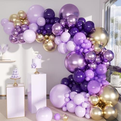 MEBAY Grey Violet Maca Purple Gold Balloons Garland Arch Kit 146Pcs Latex Balloons Different Sizes 18 12 10 5 Inch for Party Decoration Birthday Wedding Engagements Anniversary Baby Shower