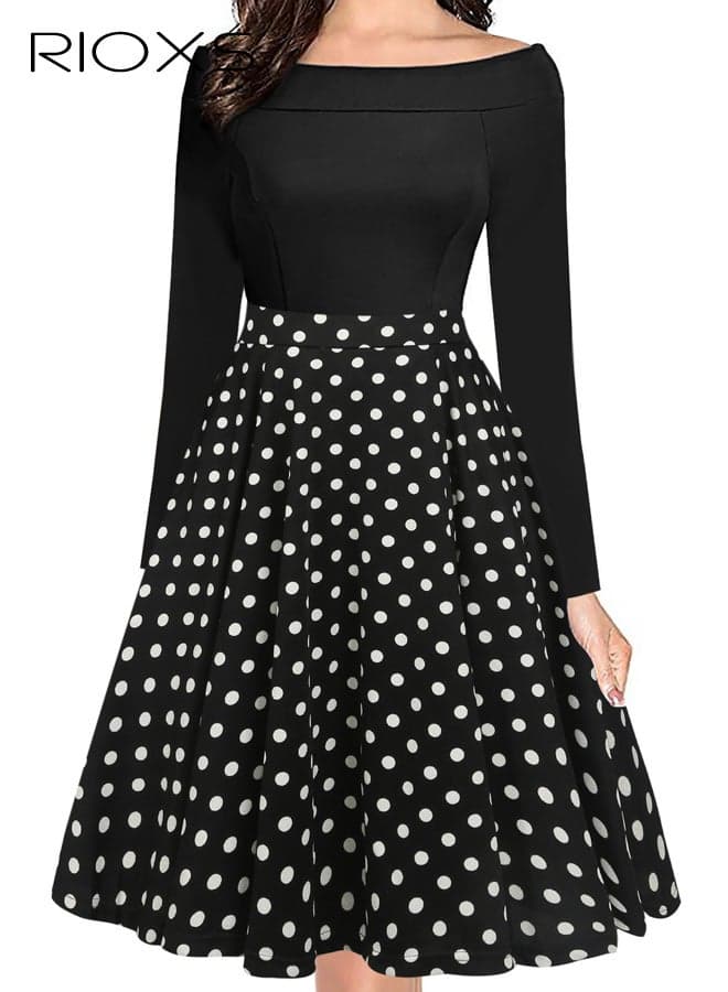 Women's One-Shoulder Black Dress, White Polka Dot Flared Midi Dress, Long Sleeve Slim Fit Party Dress with Zipper, Elegant Bodycon Top with Full Skirt, Cocktail Dress for Special Occasions, Stretchy Comfortable Formal Wear