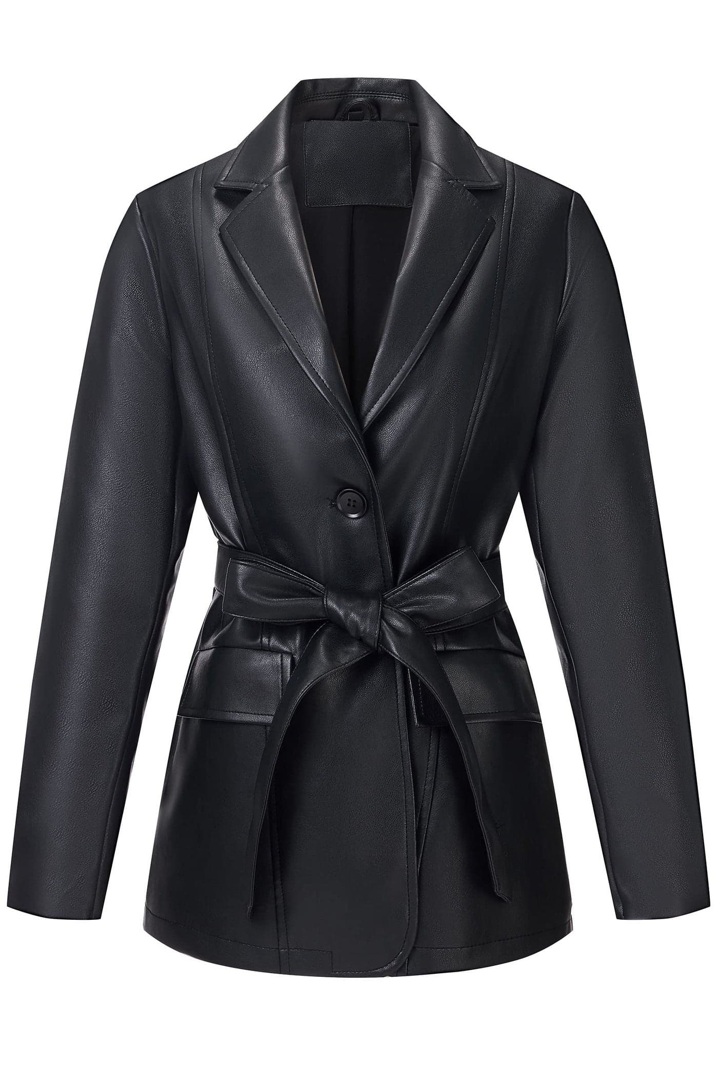 RISISSIDA Women Faux Leather Blazer Jacket Spring Fall Vegan Pleather Soft Casual Lapel Button Down Coat with BeltBlackXL