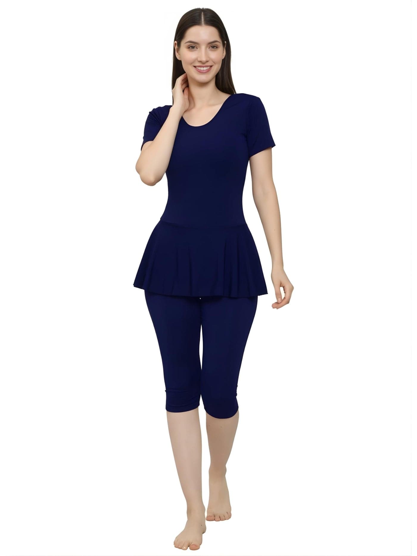 MEGASKA Women Knee Length Removable Chest Pads One Piece Frock Style Swimming Costume_NavyBlue_XXL
