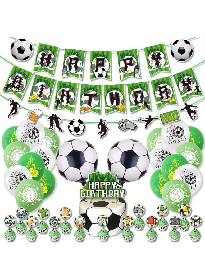 40PCS World Cup Football Theme Party Decoration Set - Includes Bunting, Small Bunting, 18 Balloons (6 Green 6 Light Green 6 White), 2 Soccer Foil Balloons, 16 Cake Toppers, 2 Flat Green Ribbons, Fan Supplies Cheering Support Props, Decoration Supplies For World Cup Festival Event International Festi