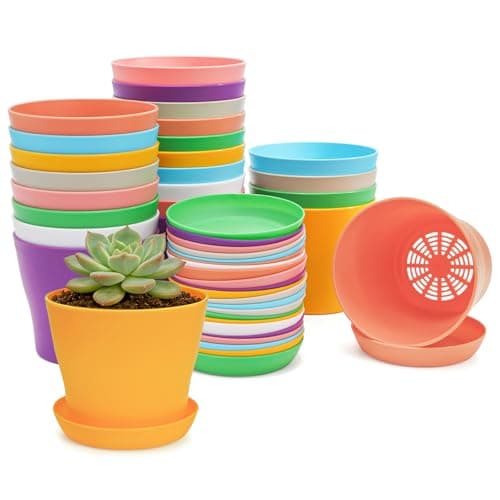 Tosnail 24 Pack 4" Small Plastic Plant Flower Pot with Saucers, Seedlings Nursery Pots Planter with Pallet Planting Gardening Containers - Assorted 8 Colors