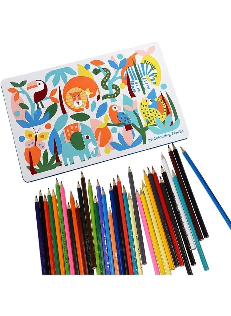 Wild Wonders 36 Colouring Pencils In A Tin – Vibrant Multicolour Pencils Set for Kids – Premium Colouring and Drawing Kit with Jungle Animals Tin Storage Box – Ideal Gift for Art & Creativity