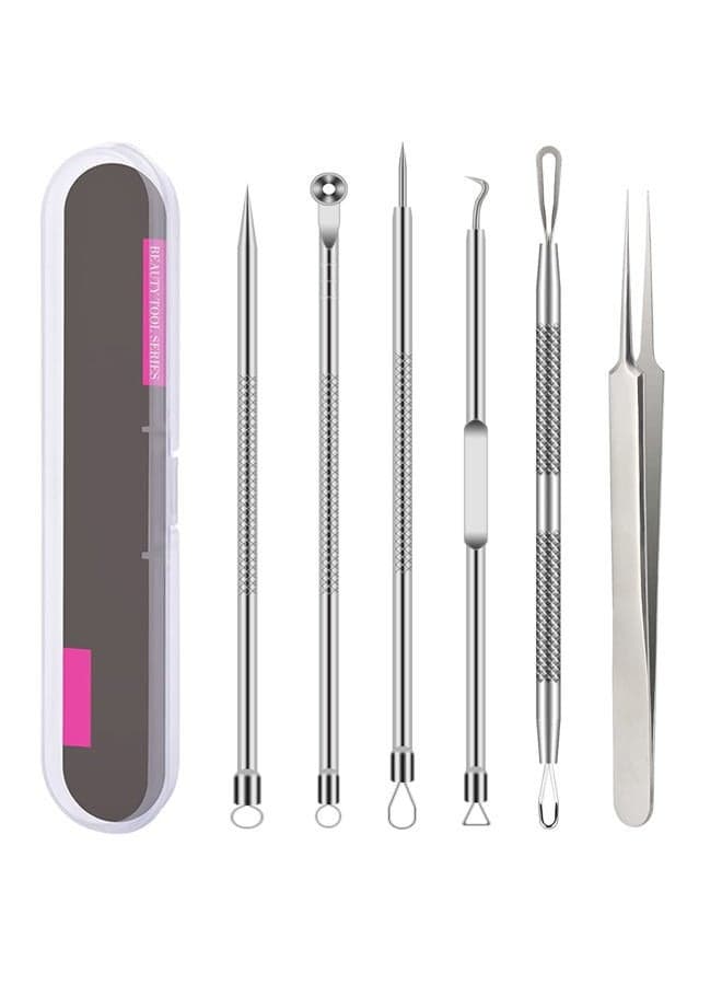 Pimple Popper Tool Kit, 6 Pcs Blackhead Remover Acne Needle Tools Set Removing Treatment Comedone Whitehead Popping Zit for Nose Face Skin Blemish Extractor Tool - Silver