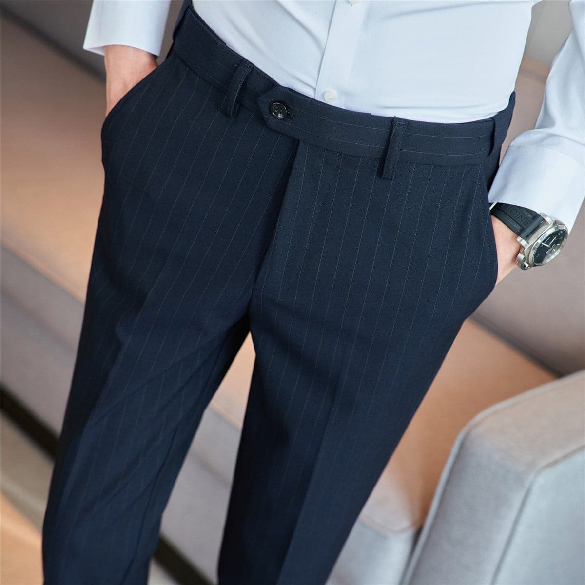 Autumn New Men'S Casual Trousers Quality Striped Suit Pants Comfortable Invisible Stretch Waist Youth Men'S Trousers