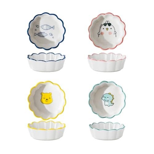 OLWICK® Household Small Ceramic Bowl Set | Creative Tableware Dipping Bowls | for Soy Sauce, Vinegar, Chutney, Sushi, Ketchup, Paste Jam | Bowl-L, Random, Set of 4, 100 ml, Assorted