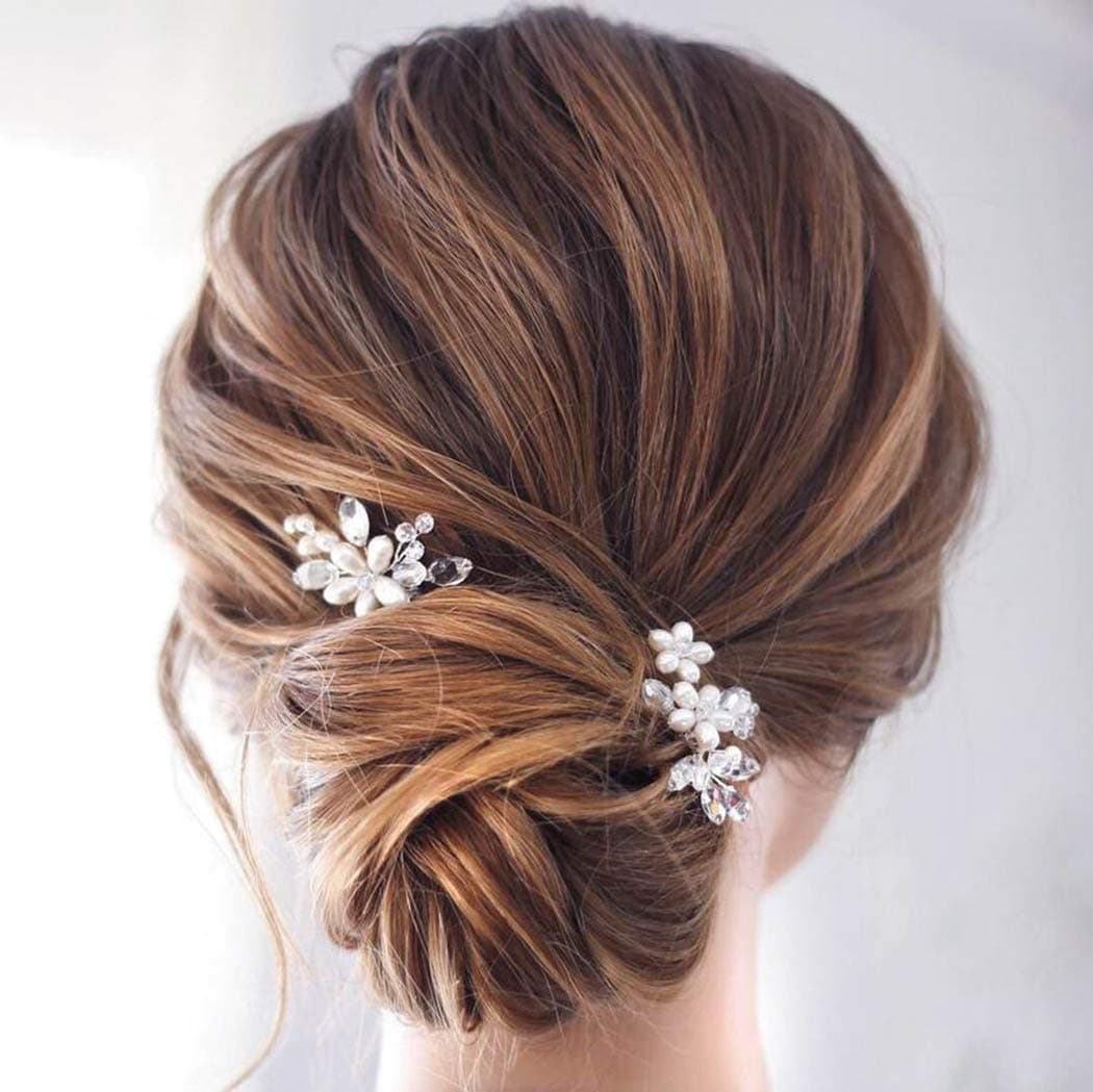 Catery Flower Bridal Hair Pins Pearl Wedding Clips Hairpiece Crystal Bridesmaid Headpiece Accessories for Women Pack of 2 (Silver)