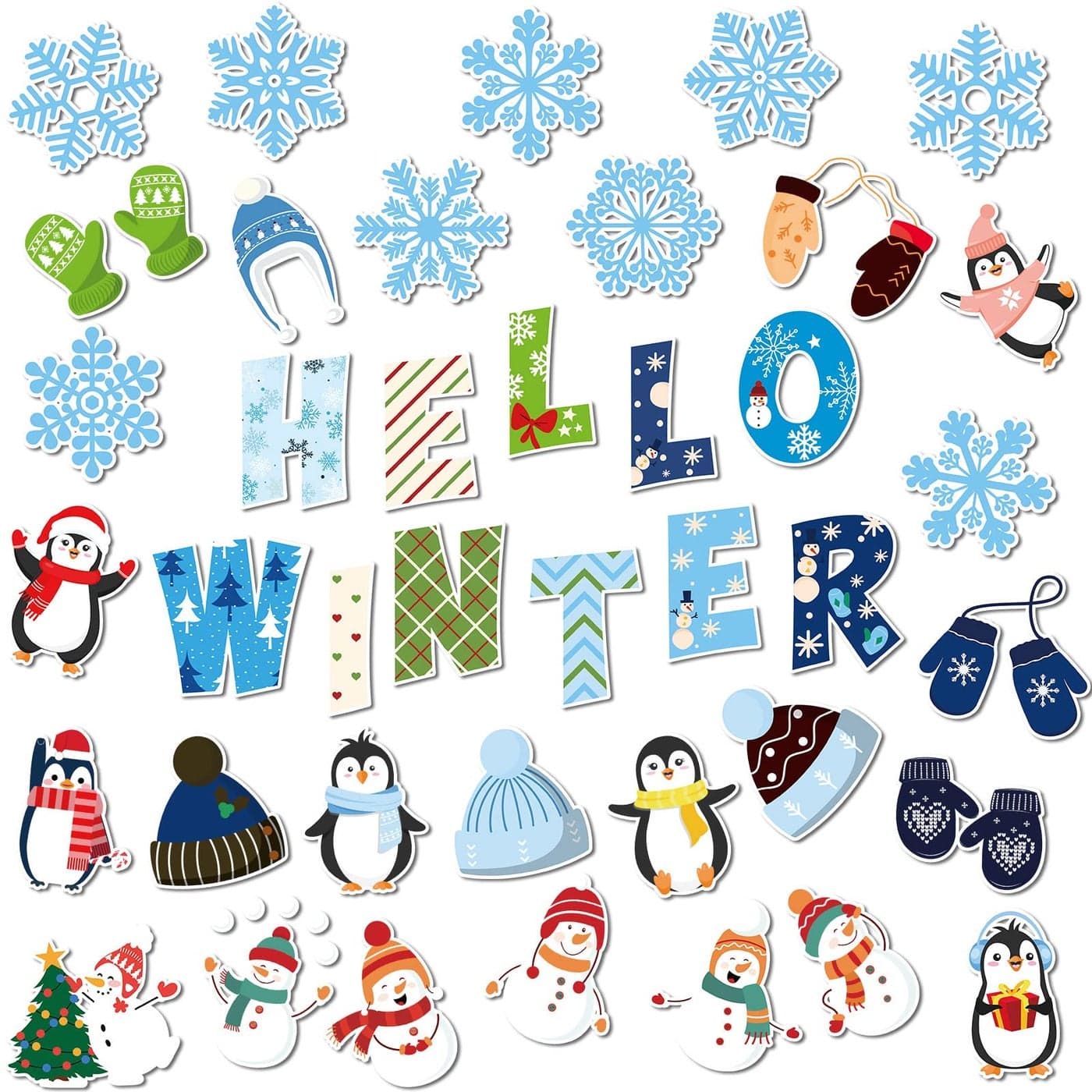 Marspark 68 Pieces Winter Classroom Bulletin Border Decoration Penguin Cutouts Snowflake Snowman Gloves Hat Hello for Christmas Home Decor Snowman