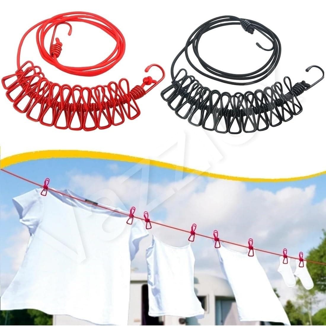 VazzLox Cloth Drying Rope with Hooks (Pack of 3) Elastic Cloth Hanging Rope for Cloth Drying with 12 Clips Cloth Rope for Drying Clothes for Travel Home Outdoor Kapde Sukhane ki Rassi Wire -Multicolor