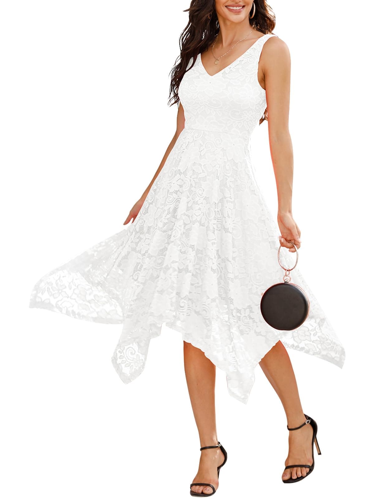 Meetjen Elegant V-Neck Cocktail Dress Formal Irregular Hem Sleeveless Wedding Dresses for Bride A-line Fancy White M