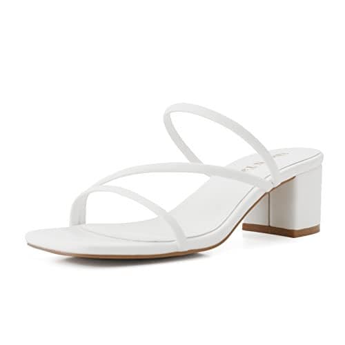 Shoe'N Tale Strappy Heels For Women Low Chunky Block Heel Heeled Sandals Square Open Toe Slip On Slides Mules(7,White)
