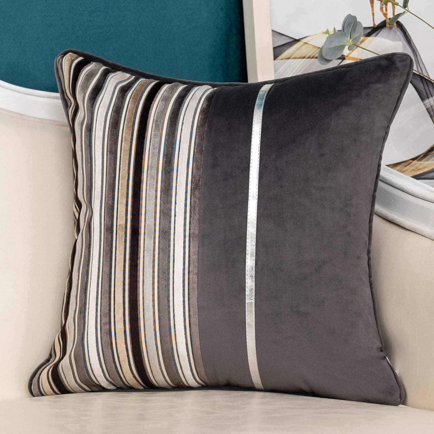 Yangest Grey Striped Patchwork Throw Pillow Cover Silver Leather Cushion Cover Zippered Pillowcase for Sofa Couch Bedroom Living Room Home Decoration20x20 Inch