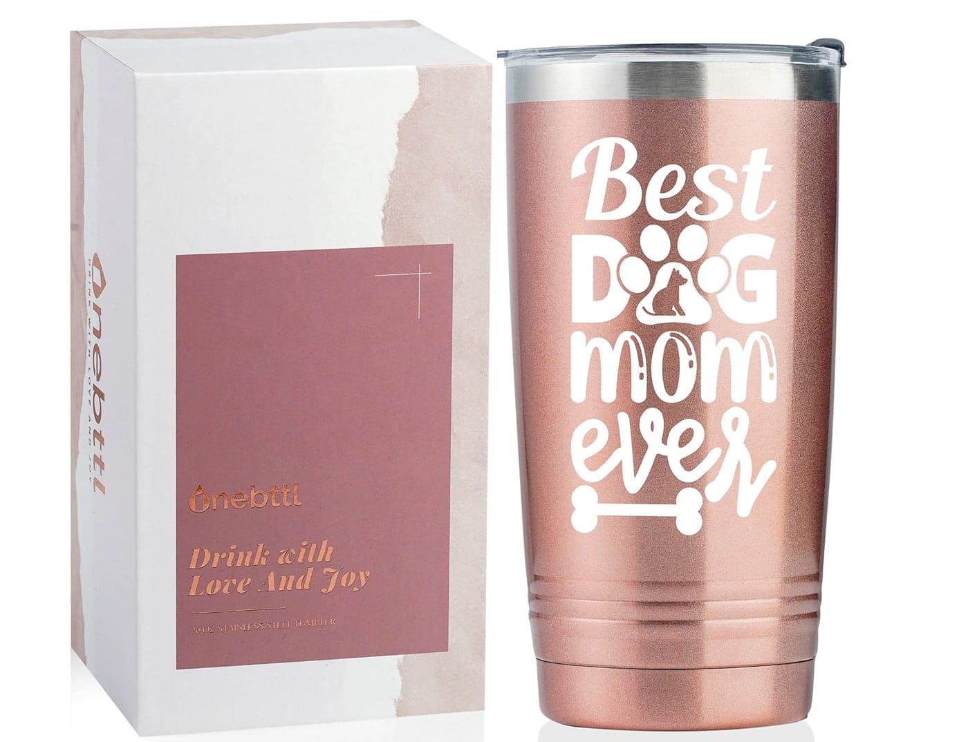 Onebttl Dog Mum Gift for Women Best Dog Mom Ever 590ml Stainless Steel Vacuum Insulated Travel Mug Tumbler with Lid Straw Rose Gold