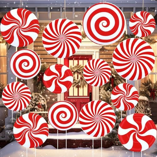 Woanger 16 Pcs Christmas Candy Cane Ornament Large Candy Decorations Double Sided Xmas Hanging Decor Red and White Yard Lawn Signs with Stake for Home Outdoor Indoor Porch Pathway Christmas Tree
