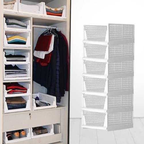 JEYANG Foldable Plastic Wardrobe Organizer - Stackable Storage Solution for Clothes, Ideal for Bathroom, Kitchen, and Bedroom Use (Pack of 6, White)