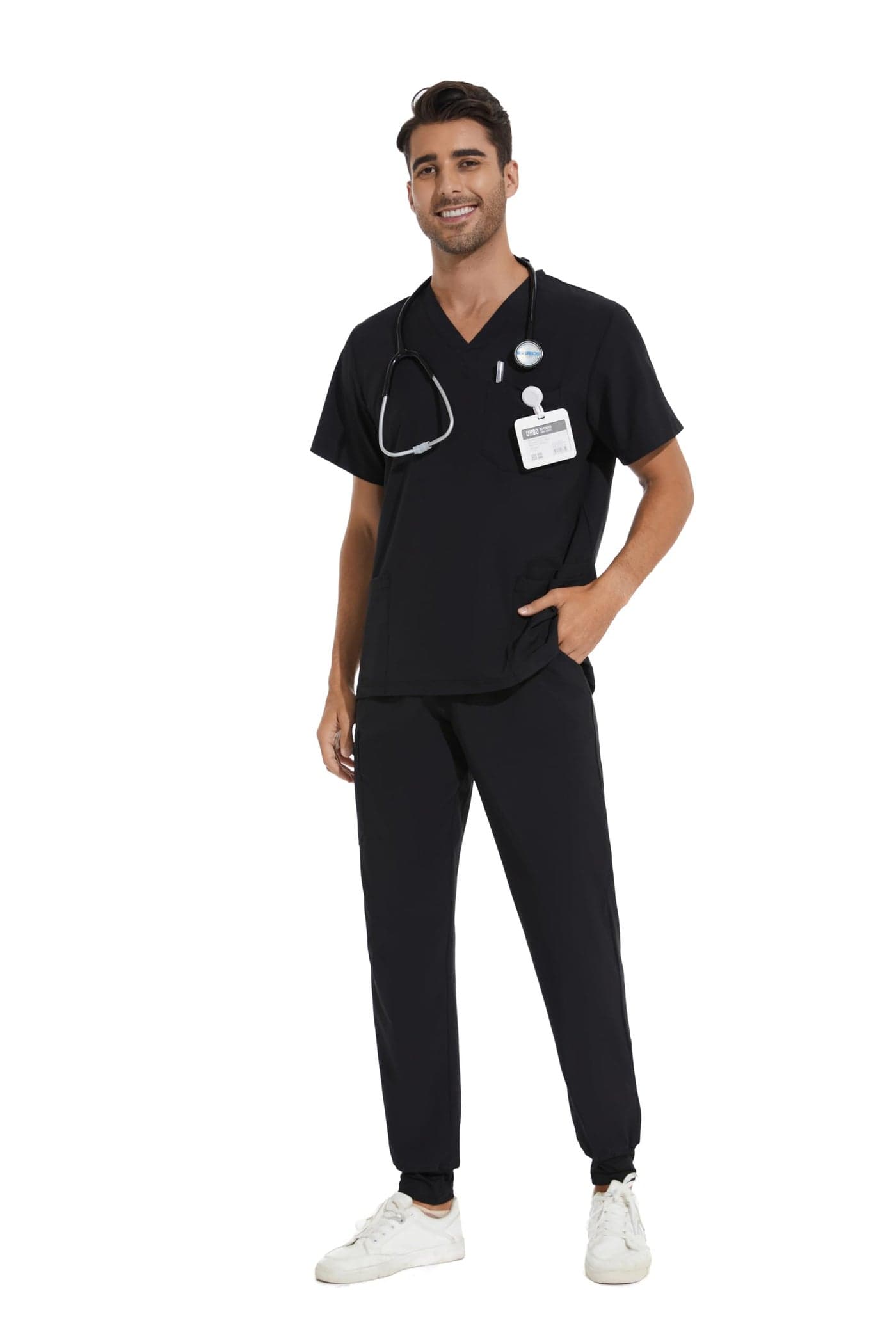 COZYFIT Men Scrubs Set — Stretch V-Neck Scrub Top & Jogger Pant with 8 Pockets, Yoga Waistband, Anti-Wrinkle - Black, XL