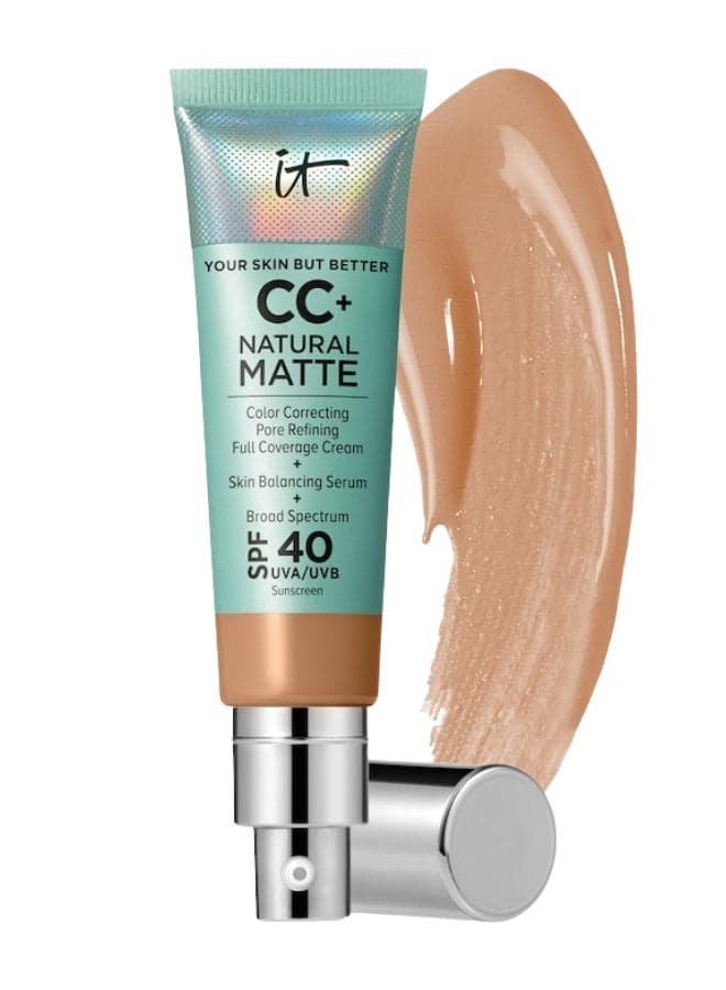 IT Cosmetics CC+ Cream Natural Matte Foundation with SPF 40 Tan Shade – Full Coverage Makeup & Sunscreen 32 mL