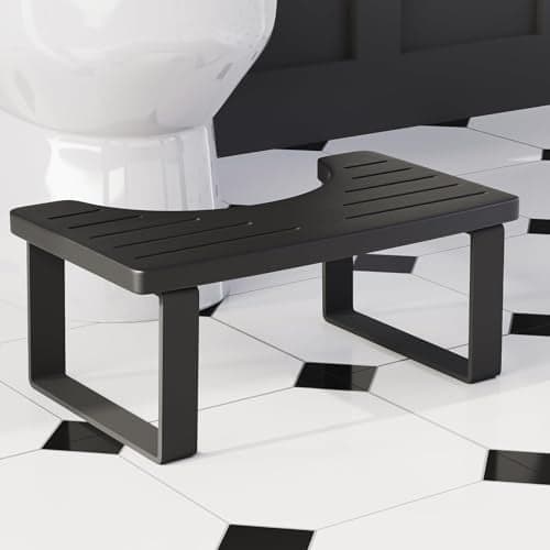 Squatting Potty for Adults, 7in Wooden Poop Stool Adult, Matte Black Bamboo Toilet Stool Squat, Wood Pooping Stool for Bathroom, Toilet Foot Step for Kids with Non-Slip Mat