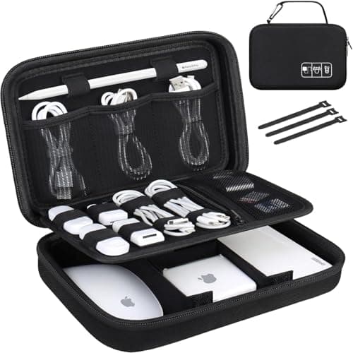 Lacdo Hard Travel Electronic Organizer Case for MacBook Power Adapter Charger Cables Apple Pencil Mouse Power Bank USB Flash DiskSD Card Small Protective Portable Accessories 3 Cable TieBlack