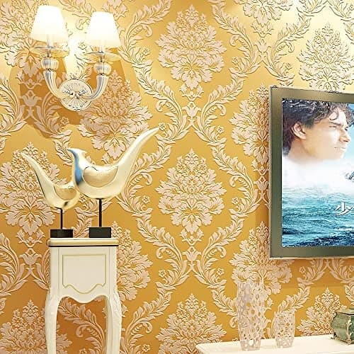 Q QIHANG European Luxury 3D Flower Damask Wallpaper for Bedroom Living Room Background Retro Home NonPasted Wall Paper Roll 173 W x 328 L Gold Yellow