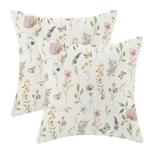 Spring Pillow Covers 20x20 Inch Set of 2, Sage Green Pink Wild Flower Throw Pillows Case,Colorful Seasonal Floral Plant Outdoor Decorative Farmhouse Decor Cushion Covers for Home Sofa Bed Couch
