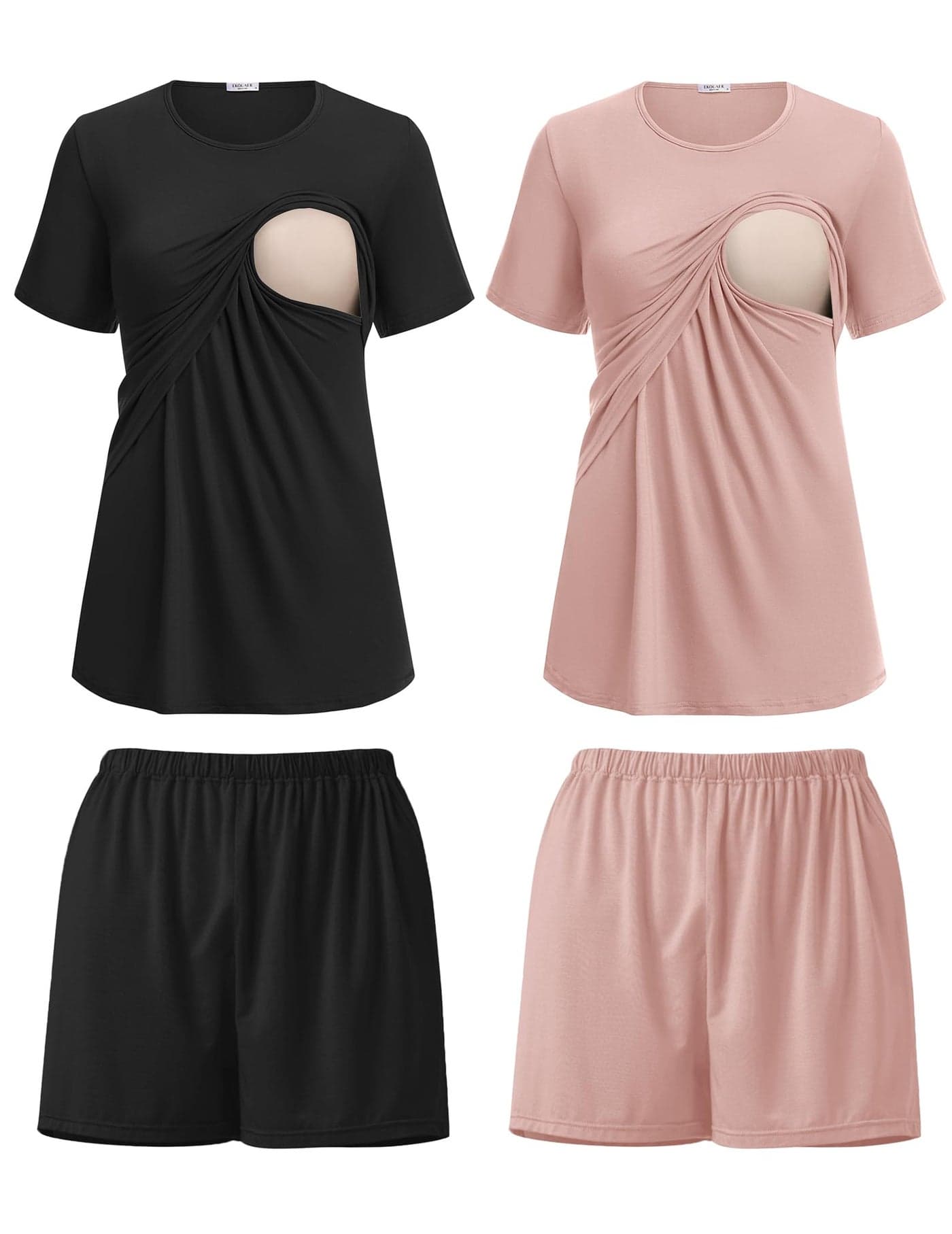 Ekouaer 2 Pack Maternity Nursing Pajamas Double Layer Breastfeeding Sleepwear Short Sleeve Nursing Pjs with Pockets XXL Black/Dirty Pink