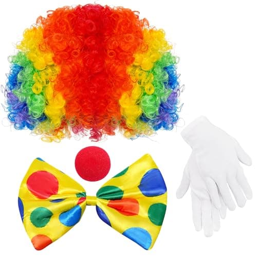 jiebor Clown Costume Set Clown Rainbow Wig Nose Bow Tie White Gloves Accessories for Parties Carnivals Pretend Play Women Men Adults