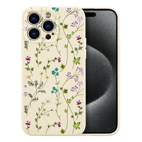 RALEAVO Floral Case for iPhone 16 Pro MaxLiquid Silicone Cover with Cute Flower Branch Pattern for Girls Women Slim Soft Rubber Protective Phone Case for iPhone 16 Pro Max 69Beige