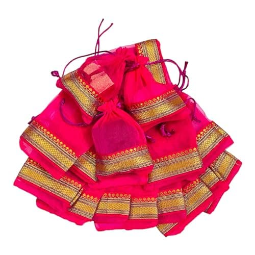 KRIWIN Pack of Thirty Small Size Silk Organza Potli Gift Bags Coin Bags(15 X 10 cm) Drawstring Closure (Magenta)