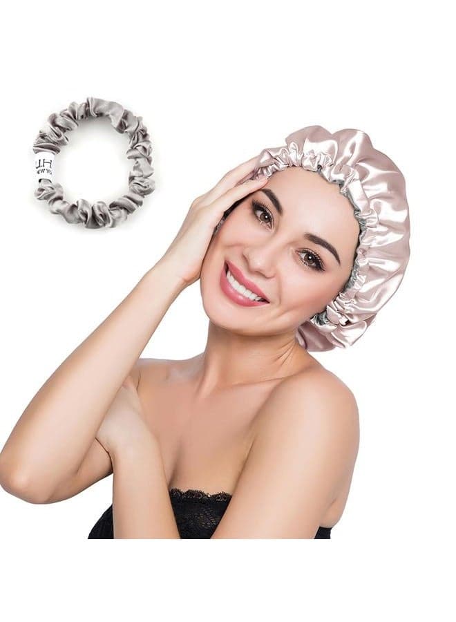 Stain Bonnet Silk Sleep Cap Adjustable Satin Cap for Night Sleeping Hair Bonnet Reversible Double Layer Champagne/Grey