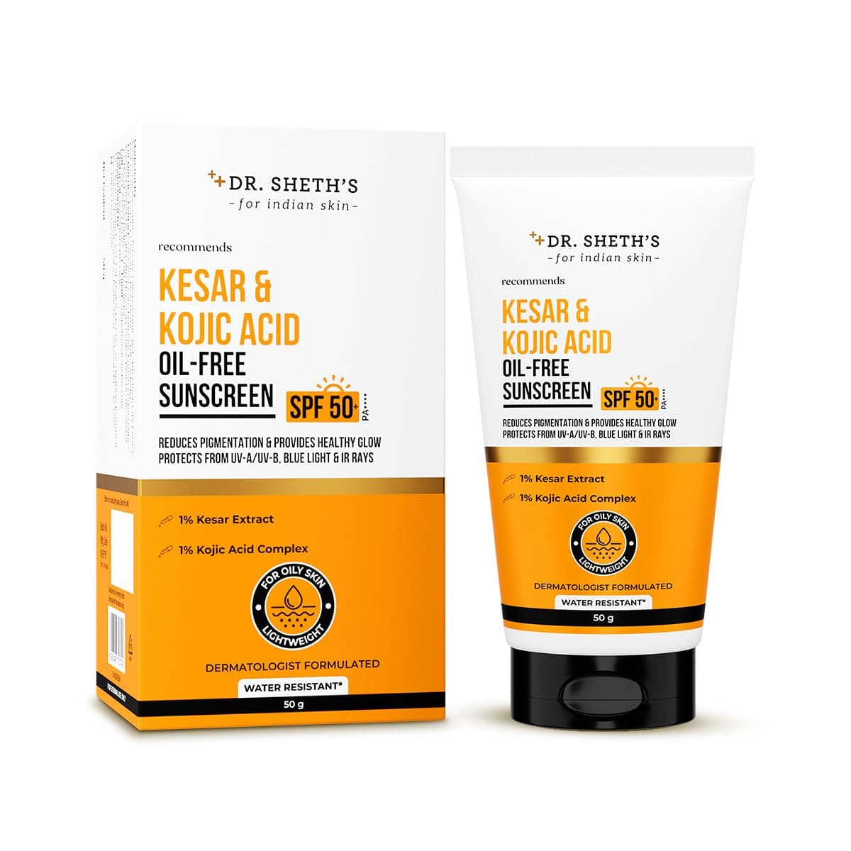Dr Sheths Kesar Kojic Acid OilFree Sunscreen SPF 50 PAClinically Tested In Vivo Reduces Pigmentation Provides Healthy Glow For Oily Skin Lightweight Non Greasy UVAUVB Blue Light IR Protection No white cast 50 g