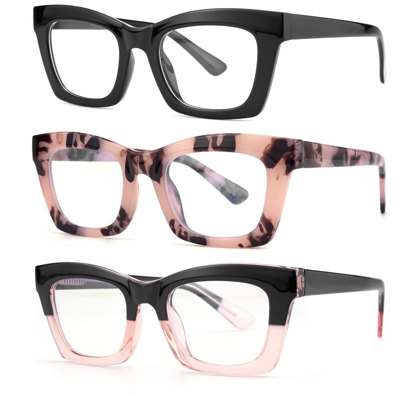 bullabulling 3 pack Oprah style Spring hinge Readers Blue Light Blocking Computer Square Reading Glasses for Women Men (black/tortoise/blackpink, 1.25)