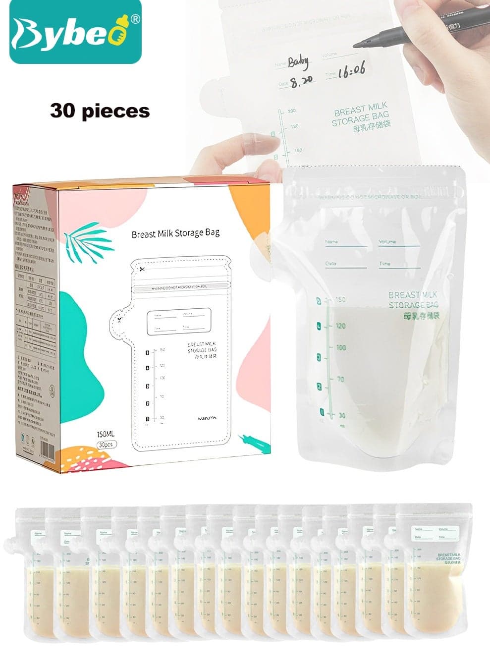 30PCS Breastmilk Storage Bags, Counting Pack, Presterilized, Hygienically Doubled-Sealed, Self Standing and Suitable Refrigeration and Freezing