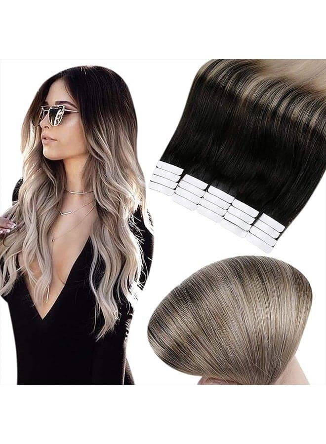 Tape in Hair Extensions Human Hair 20 Inch Hair Extensions for Women Natural Black Fading to 18 Ash Blonde 50Gram 20Pieces Skin Weft Tape Hair Invisible Tape Extensions