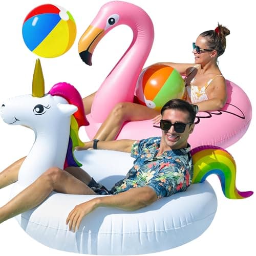 PARENTSWELL 43 Inflatable Unicorn Flamingo Pool Floats 2 Pack Pool Tube Floaties Swim Rings with 2 Beach Balls Inflatable Pool Raft Tubes for Adults Pool Party Favors