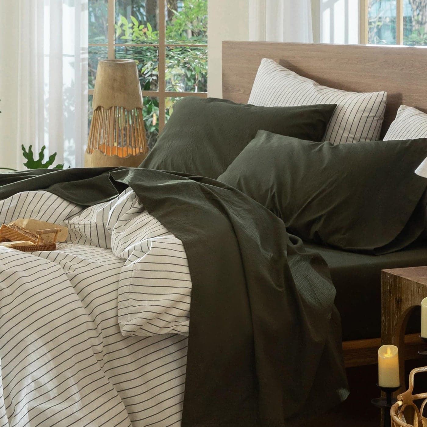 MooMee Bedding Sheet Set 100 Washed Cotton Linen Like Textured Breathable Durable Soft Comfy Solid Olive Green King