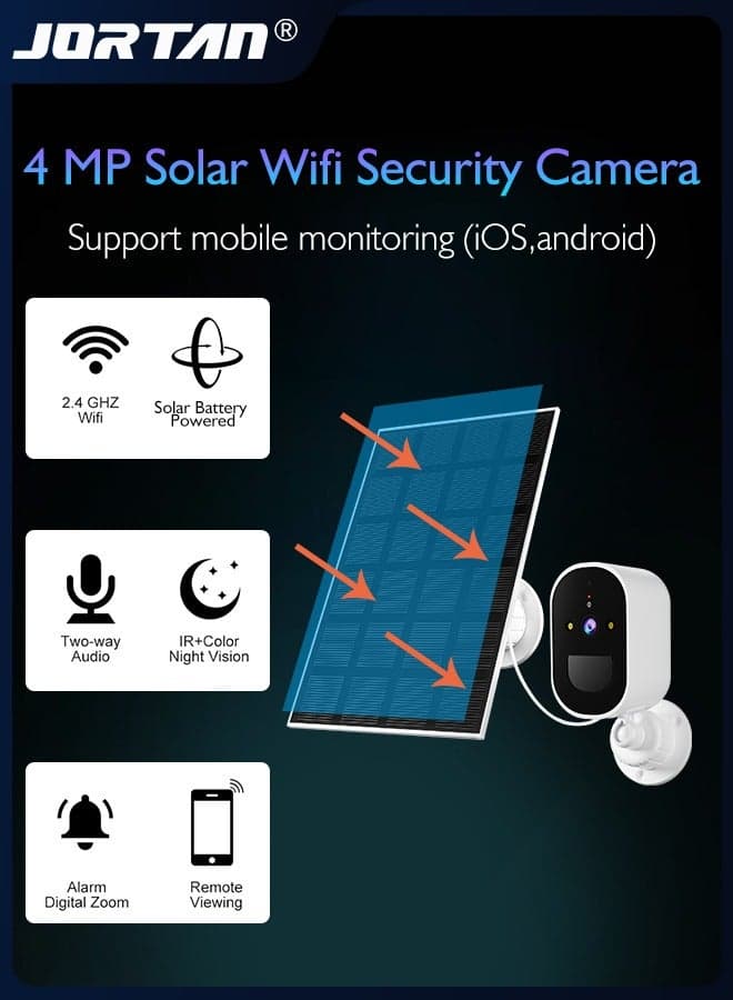 4MP Wi-Fi Solar Security Camera Outdoor Wireless Low Power Consumption Surveillance Camera Dual Monitoring IP66 Waterproof Camera with Solar Panel & PIR Detection & Siren & 2-Way Audio & HD Night Vision