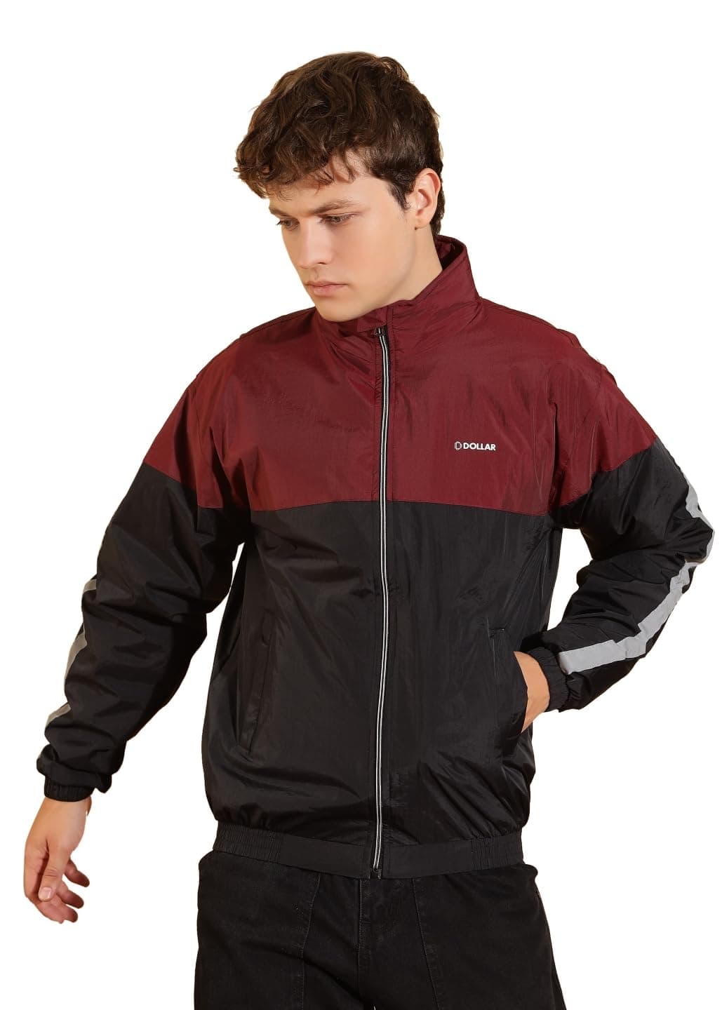 Dollar Men's Polyester Colourblock Windcheater Jacket With Side Pockets, Maroon-Black - X-Large